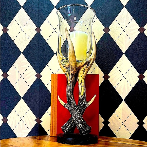 Other - Rustic Antler Candle Holder – Tall Stag Buck Elk Decor w/ Glass Hurricane